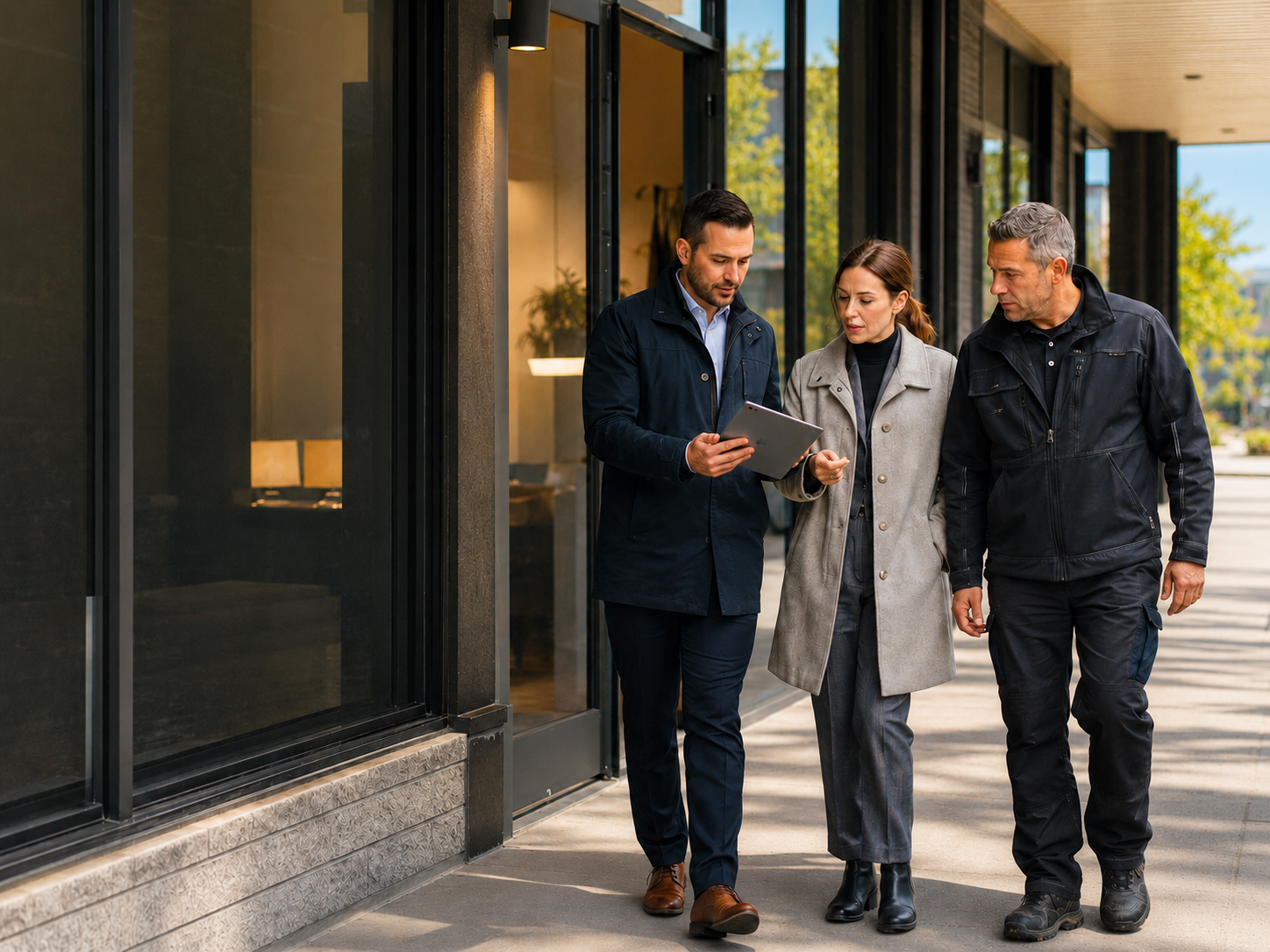 Trois membres de l'équipe Groupe BLACKHOLE en discussion devant un immeuble commercial — gestion opérationnelle sur le terrain